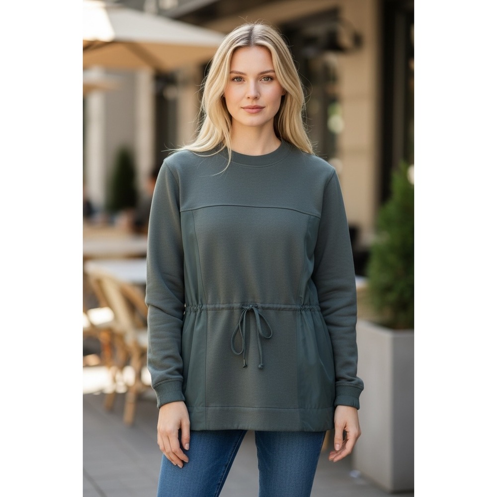 Athleta Mixed Media Cinched Waist Sweatshirt Green Grey Utilitarian Gorpcore